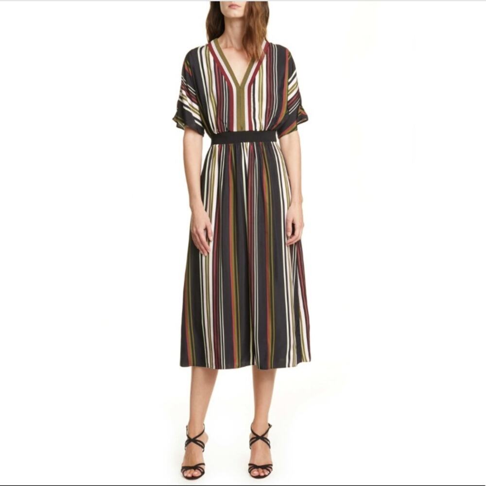 TED BAKER Women's Safiiya Burgundy Striped Short Sleeve V-Neck Midi Dress
